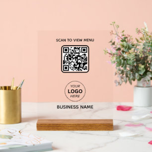 Simple Modern QR Code Menu Business Name & Logo Acrylic Sign