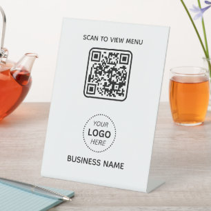 Simple Modern QR Code Menu Business Name & Logo Pedestal Sign