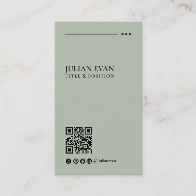 Simple Modern QR Code Sage Green Minimalist Business Card (Front)