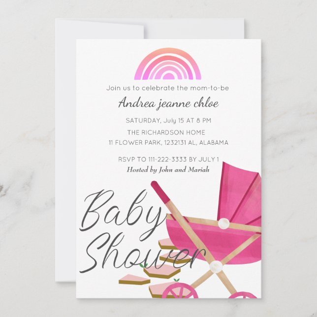 Simple Modern Rainbow pink stroller Baby Shower Invitation (Front)