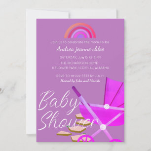 Simple Modern Rainbow pink stroller Baby Shower Invitation