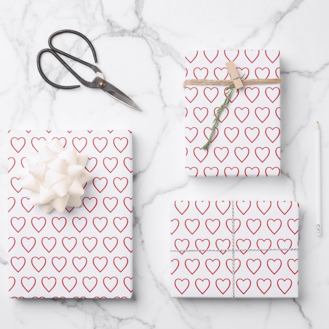 Simple modern red and white hearts pattern cute wrapping paper sheet (Front)