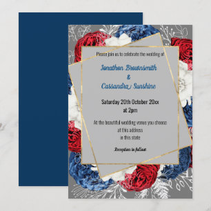 SIMPLE MODERN RED BLUE GREY FLORAL WEDDING INVITATION