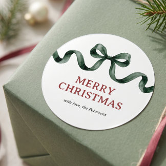 Simple Modern Red Green Watercolor Bow Christmas Classic Round Sticker
