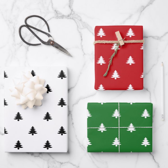 Simple modern red green white Christmas trees Wrapping Paper Sheet (Front)