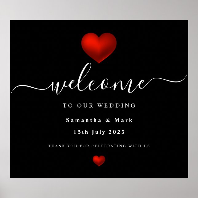 Simple Modern Red Heart Black Wedding Poster (Front)