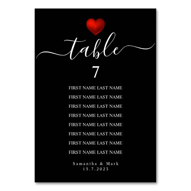 Simple Modern Red Heart Black Wedding Table Number (Front)