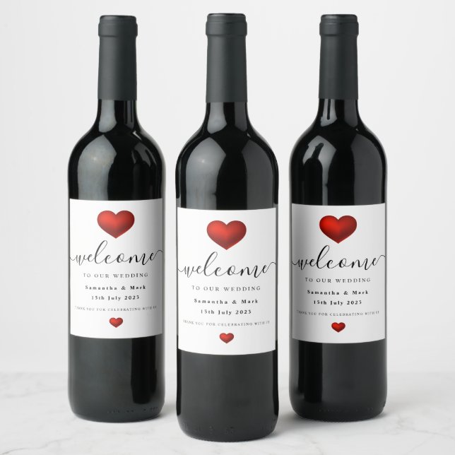 Simple Modern Red Heart Wedding Wine Label (Bottles)