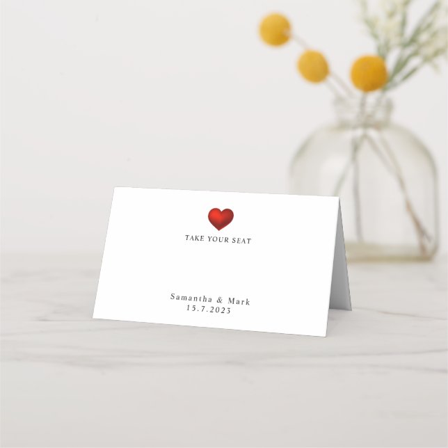 Simple Modern Red Heart White Wedding Place Card (Front)