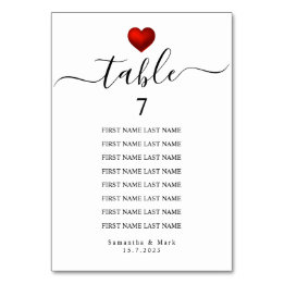 Simple Modern Red Heart White Wedding Table Number