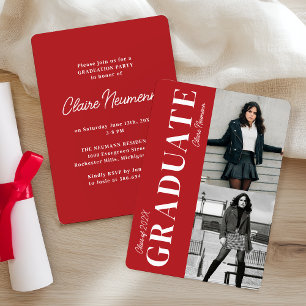 Simple Modern Red Photo Collage Graduation Party Invitation