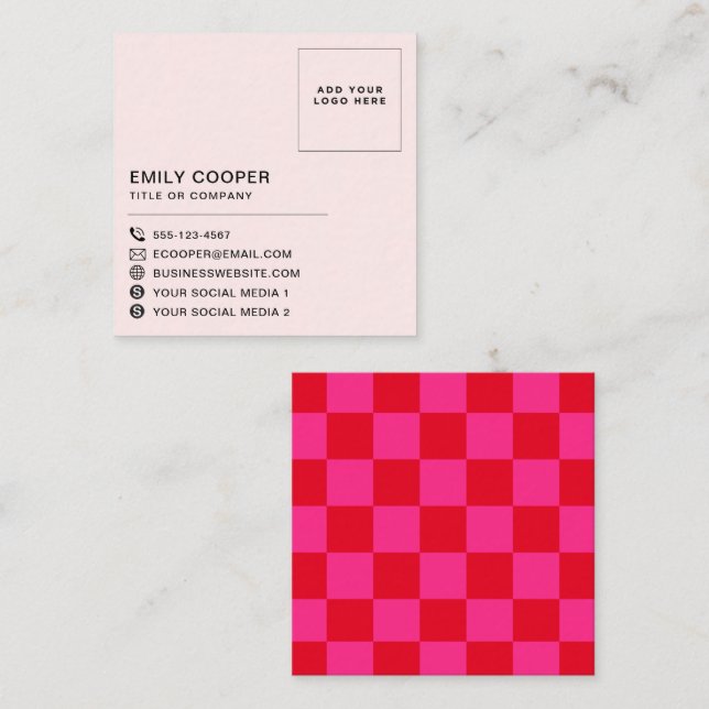 Simple Modern Red Pink Chequered Chequerboard Logo Square Business Card (Front/Back)