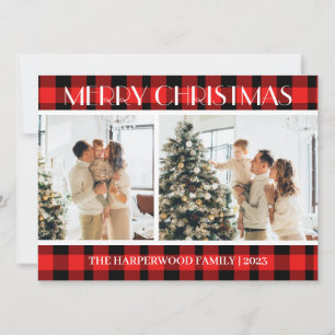 Simple Modern Red Plaid Christmas Family Two Photo Holiday Card