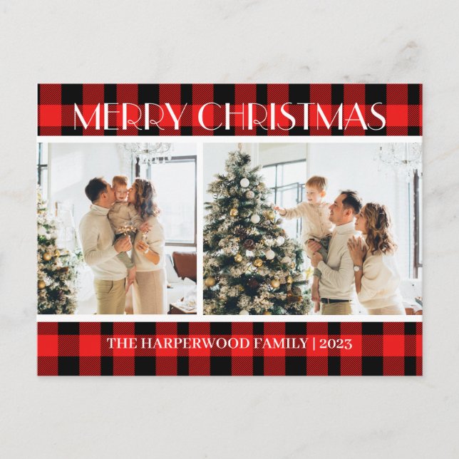 Simple Modern Red Plaid Christmas Family Two Photo Holiday Postcard (Front)