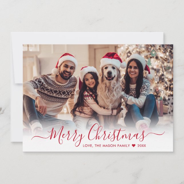 Simple Modern Red Script 2 Photo Christmas Holiday Card (Front)