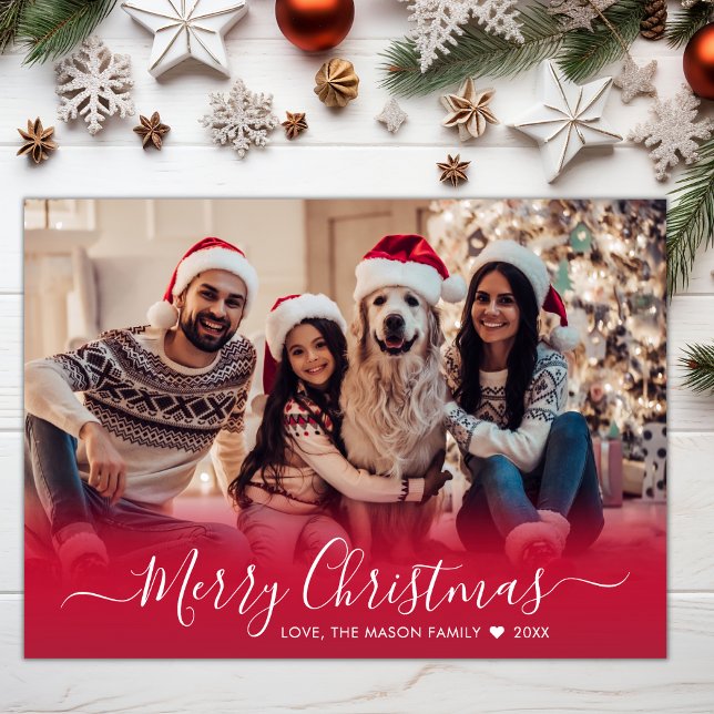 Simple Modern Red Script 2 Photo Christmas Holiday Card (Creator Uploaded)