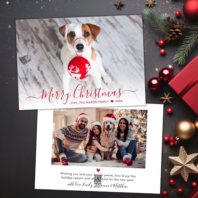 Simple Modern Red Script 2 Photo Christmas Holiday Card (Creator Uploaded)