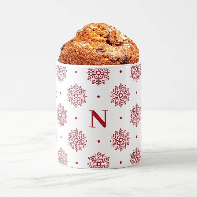 Simple Modern Red Snowflakes Monogram Christmas Coffee Mug (Modern minimalist Christmas gift. Monogram mug with floral snowflake pattern in red and white.)