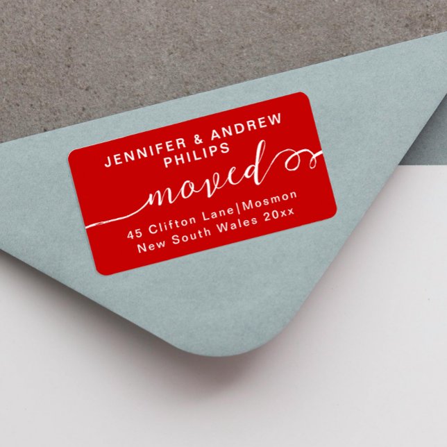Simple Modern Red White Family New Address Script Label (Creator Uploaded)
