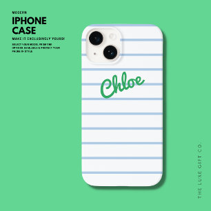 Simple Modern Retro Blue and Gree Thin Stripe Name Case-Mate iPhone 14 Case