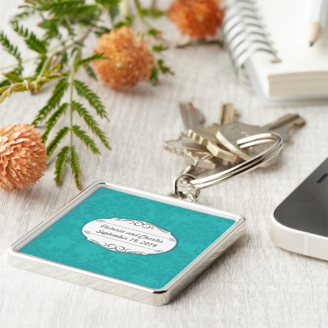 Simple Modern Retro Turquoise Mint Damask Wedding Key Ring (Side)