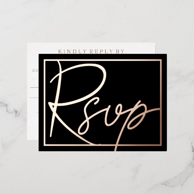 Simple Modern ROSE Gold Border Wedding RSVP     Foil Invitation Postcard (Front/Back)