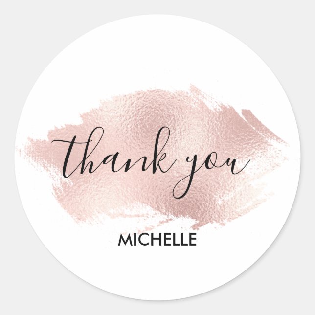 Simple modern rose gold brush stroke thank you classic round sticker (Front)