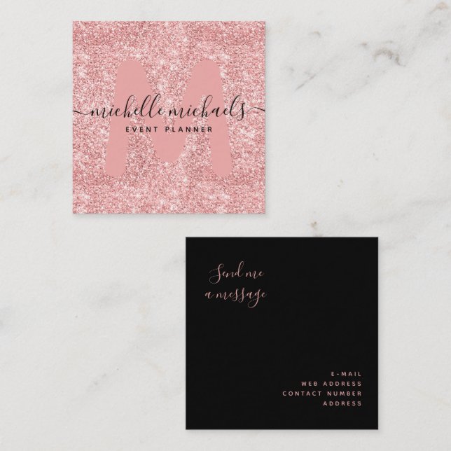 Simple Modern Rose Gold Glitter Black Square Business Card (Front/Back)