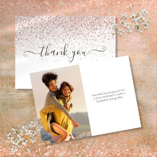 Simple Modern Rose Gold Glitter Script Photo Thank You Card