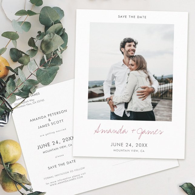 Simple Modern Rose Gold Script Photo Save the Date Announcement Postcard (Creator Uploaded)