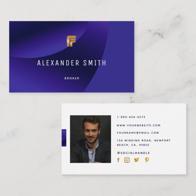 Simple Modern Royal Blue Gold Professional Photo Business Card (Front/Back)