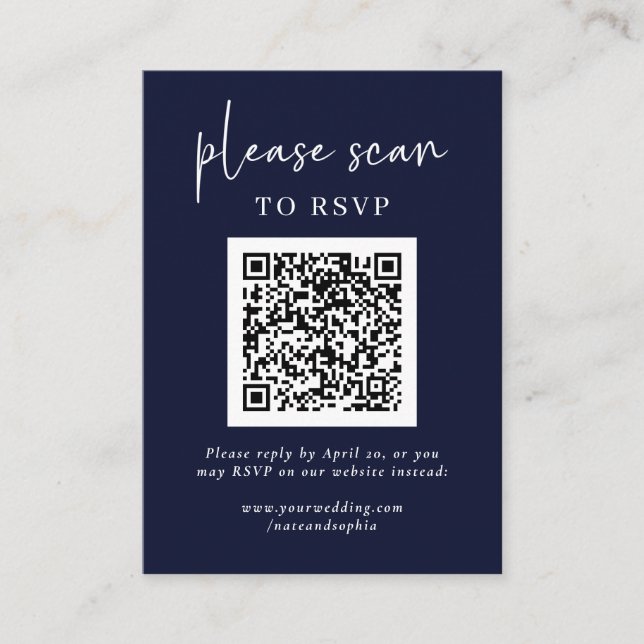 Simple Modern RSVP with QR Code | Navy Blue Enclosure Card (Front)