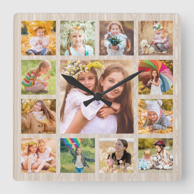 Simple Modern Rustic 13 Photo Collage Square Wall Clock (Front)