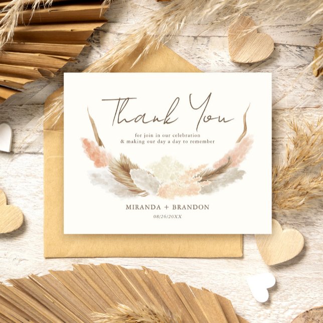 Simple Modern Rustic Pampas Grass Wedding Thank You Card (Creator Uploaded)