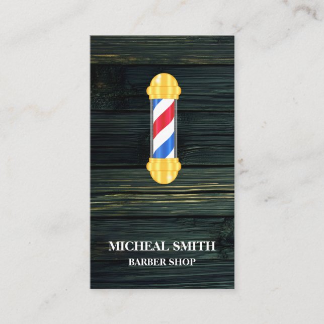 Simple Modern Rustic Wood Pole Barber Shop Business Card (Front)