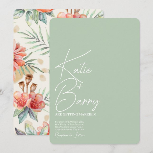 Simple Modern Sage Floral Wedding Invitation (Front/Back)
