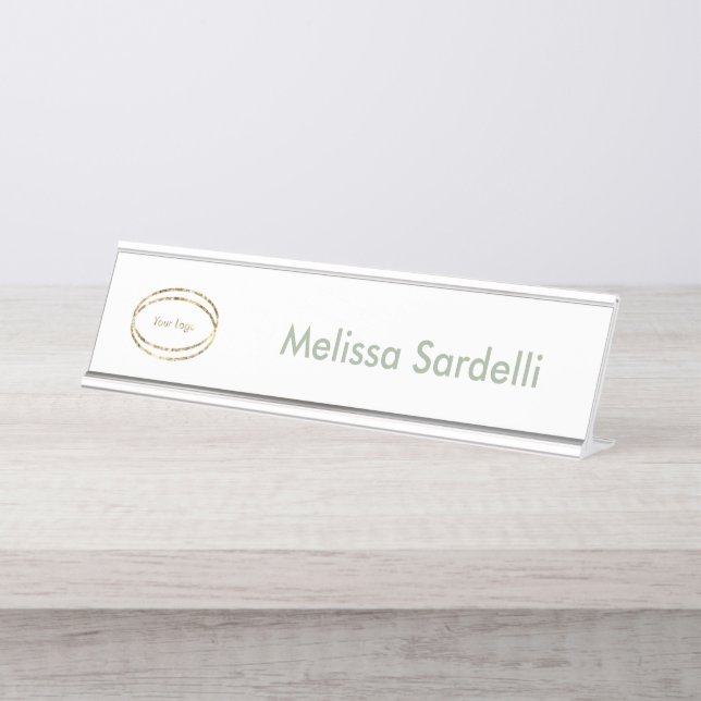 simple modern sage green business logo custom desk name plate (Front)