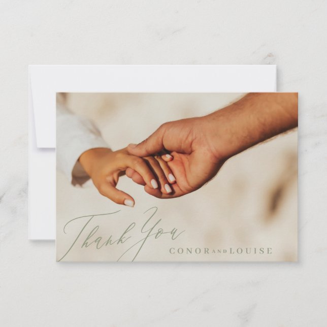 Simple Modern Sage Green Calligraphy Wedding Photo Thank You Card (Front)