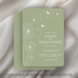 Simple Modern Sage Green Dandelion Wedding Invitation