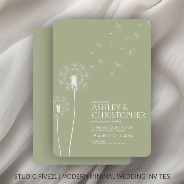 Simple Modern Sage Green Dandelion Wedding Invitation (Creator Uploaded)