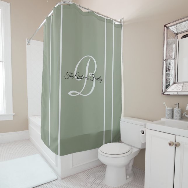 Simple Modern Sage Green Monogram Family Name  Shower Curtain (In Situ)
