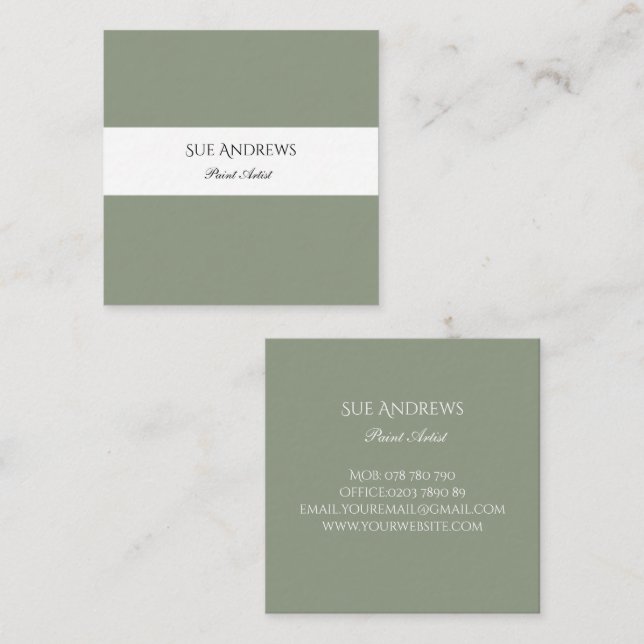 Simple Modern Sage Green Personalised Artist  Square Business Card (Front/Back)