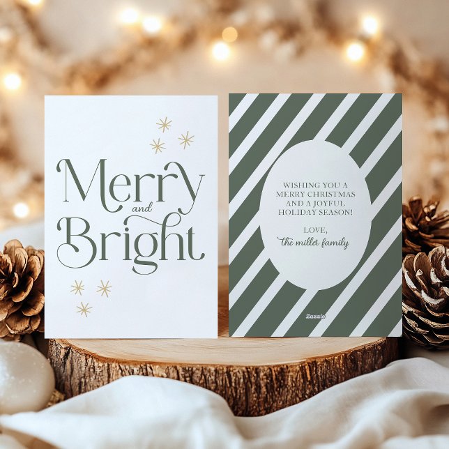 Simple Modern Sage Green Stripes Merry and Bright Holiday Card (Creator Uploaded)