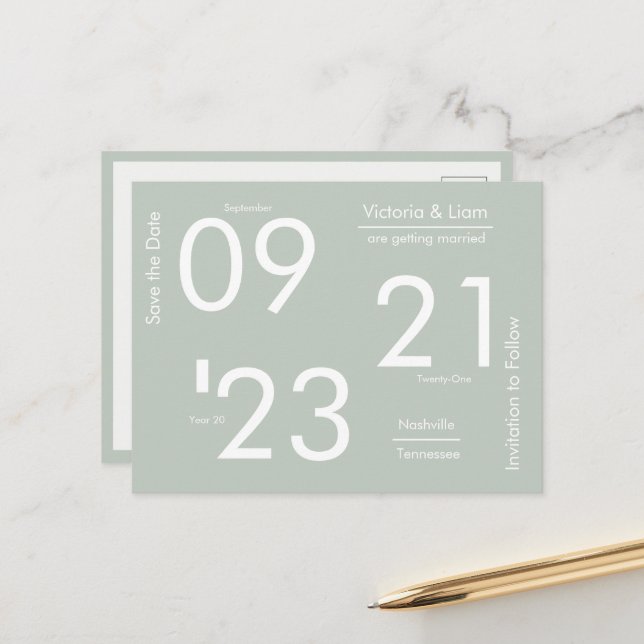 Simple Modern Sage Green Typography Save the Date Announcement Postcard (Front/Back In Situ)