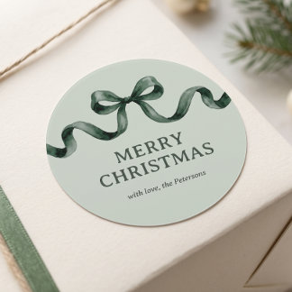 Simple Modern Sage Green Watercolor Bow Christmas Classic Round Sticker