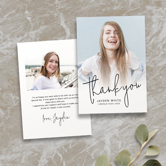 Simple Modern Script 2 Photo Graduation Thank You Card (Simple Modern Script 2 Photo Graduation Thank You Card)