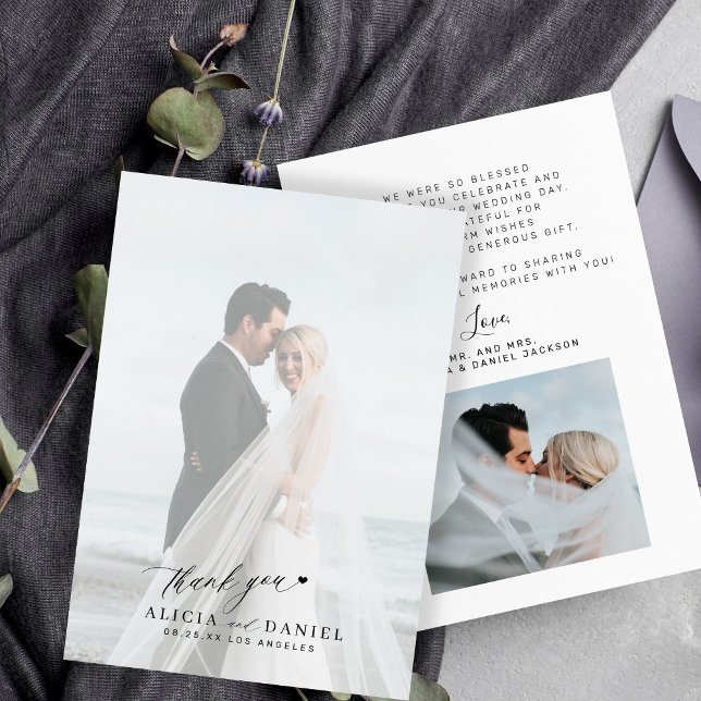 Simple modern script 2 photos wedding  thank you card (Creator Uploaded)