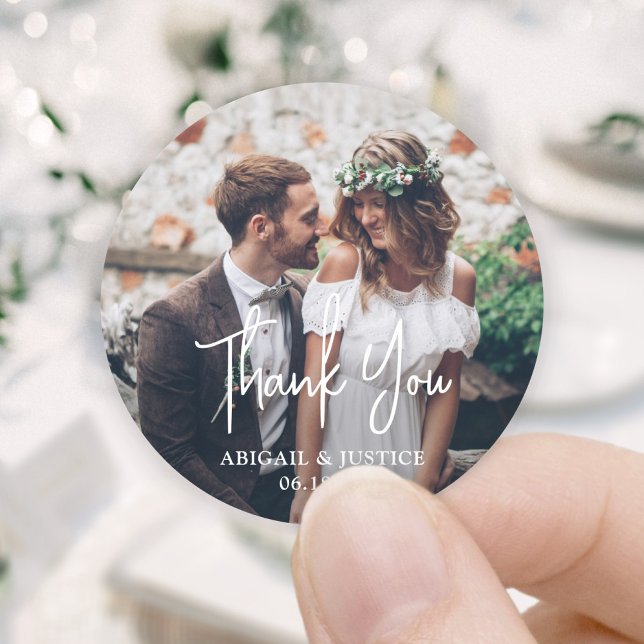 Simple Modern Script and Photo Wedding Thank You Classic Round Sticker (Creator Uploaded)