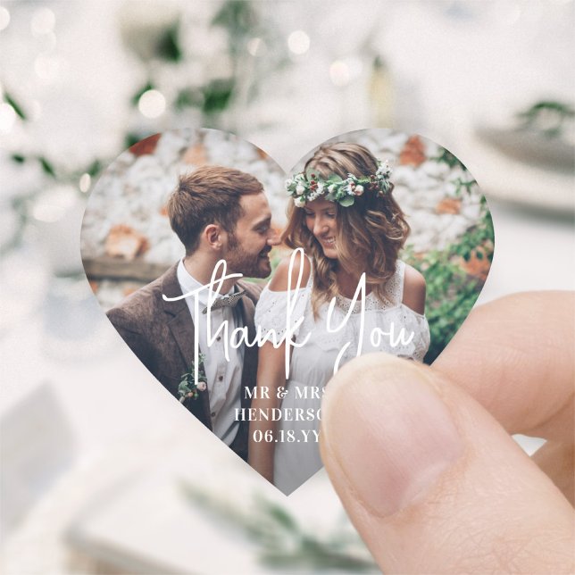 Simple Modern Script and Photo Wedding Thank You Heart Sticker (Creator Uploaded)