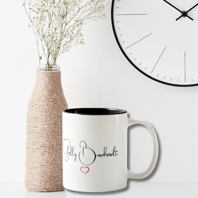 Simple Modern Script Black White Personalised Chic Two-Tone Coffee Mug (Creator Uploaded)